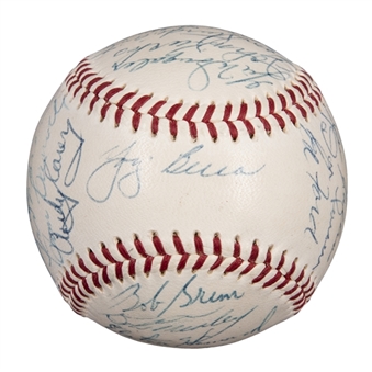 1955 American League Champion New York Yankees Team Signed OAL Harridge Baseball With 29 Signatures Including Mantle, Stengel, Berra, Ford & Rizzuto (Beckett)